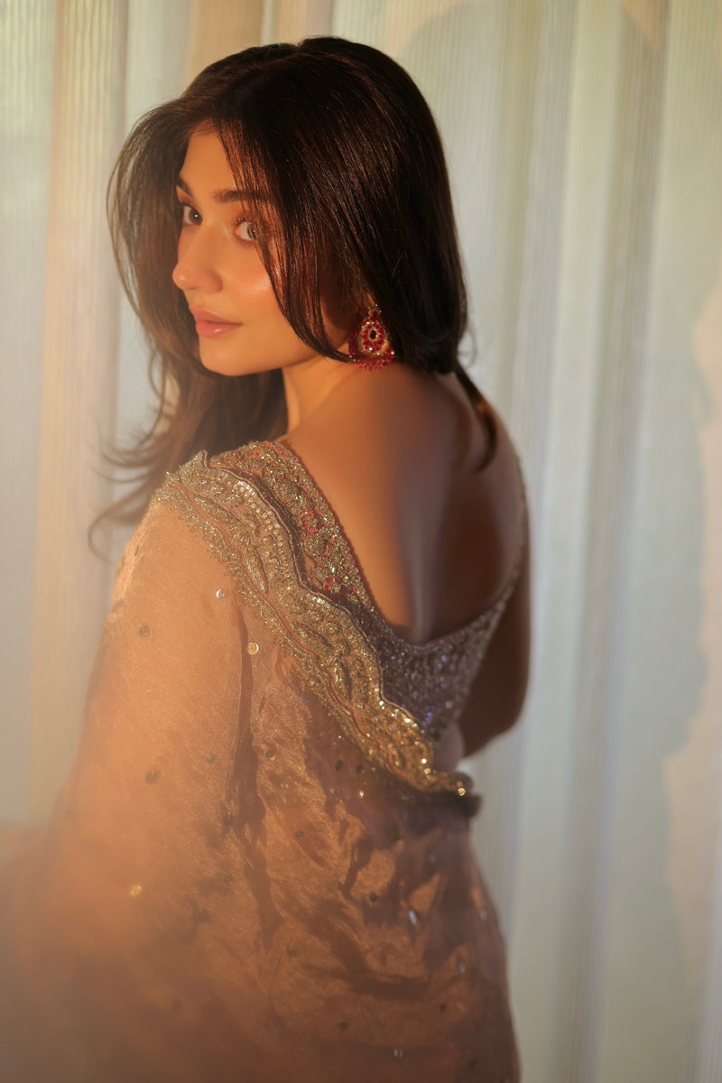 Durefishan Bare Rose Hand-Embellished Custom Saree (Sleeveless Blouse)