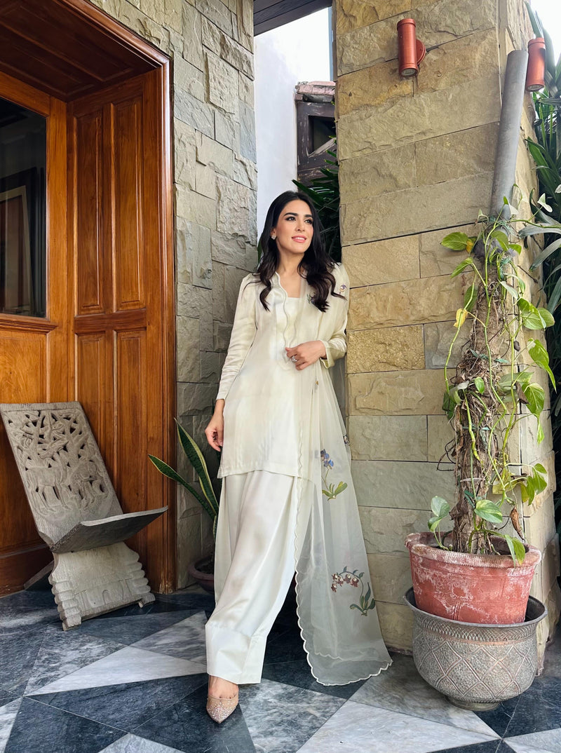 White Silk Farshi outfit with floral hand painted