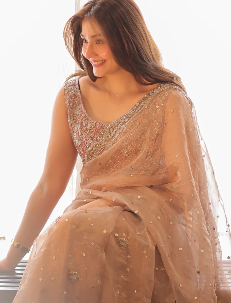 Durefishan Bare Rose Hand-Embellished Custom Saree (Sleeveless Blouse)
