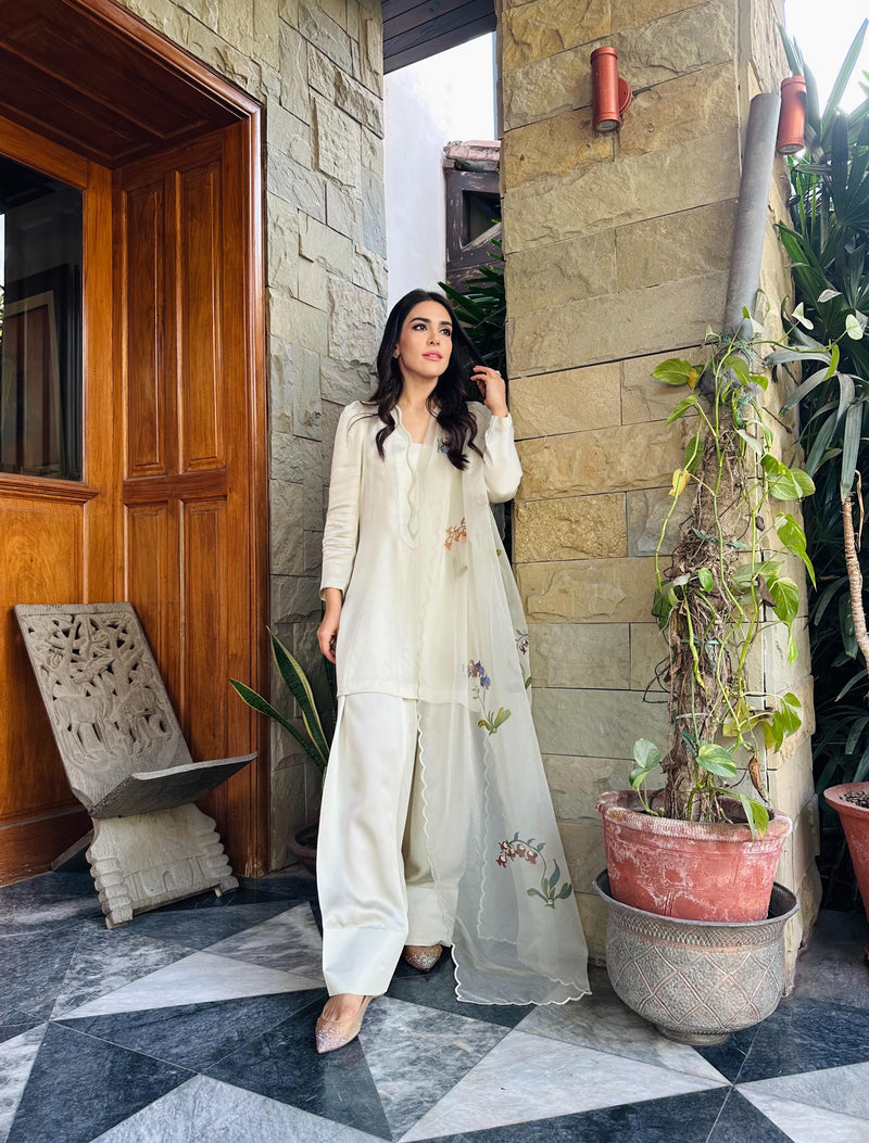 White Silk Farshi outfit with floral hand painted