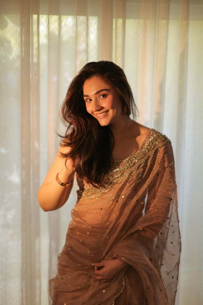 Durefishan Bare Rose Hand-Embellished Custom Saree (Sleeveless Blouse)